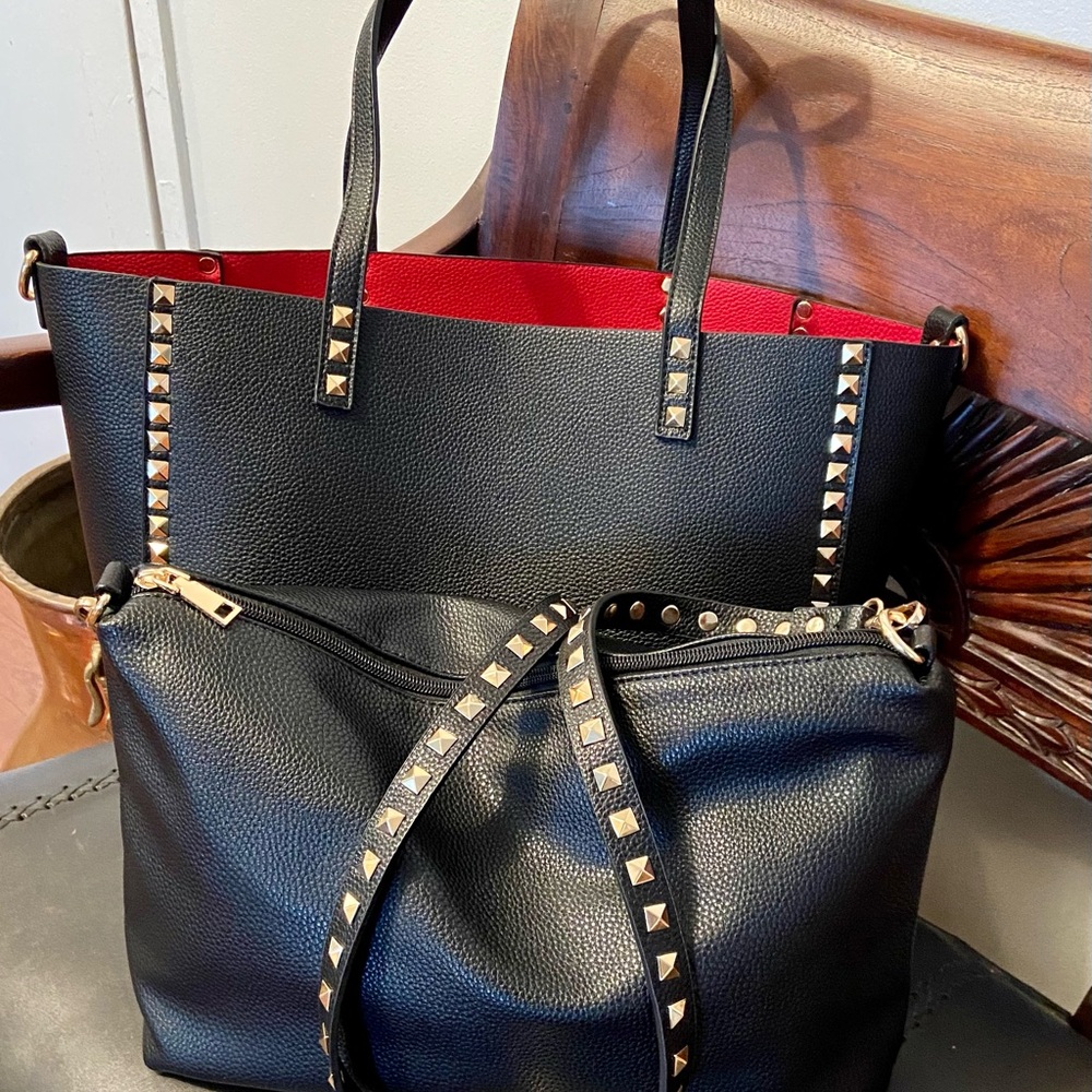 Black and Red Leather Tote with Gold Studs